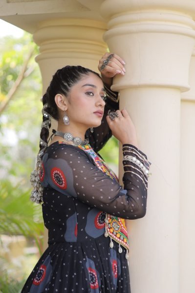 Functional Black Bandhani Print Faux Georgette Gown with Kutchi Patchwork Navratri Collection