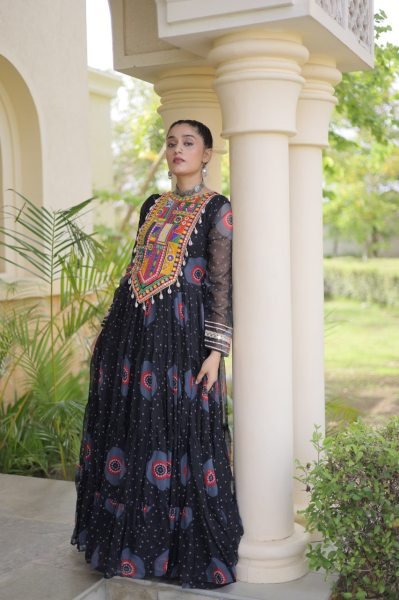 Functional Black Bandhani Print Faux Georgette Gown with Kutchi Patchwork Navratri Collection