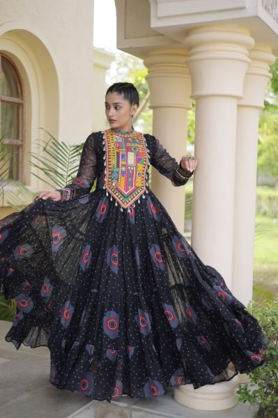 Functional Black Bandhani Print Faux Georgette Gown with Kutchi Patchwork Navratri Collection
