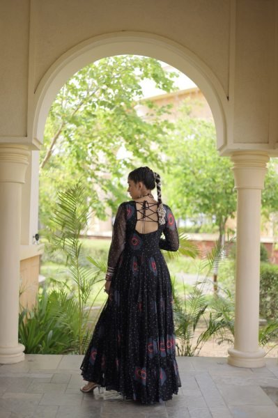 Functional Black Bandhani Print Faux Georgette Gown with Kutchi Patchwork Navratri Collection