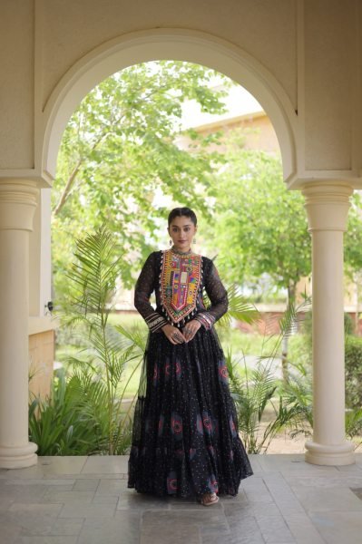 Functional Black Bandhani Print Faux Georgette Gown with Kutchi Patchwork Navratri Collection