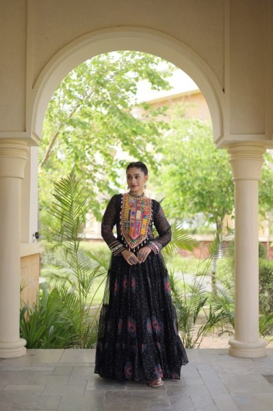 Functional Black Bandhani Print Faux Georgette Gown with Kutchi Patchwork Navratri Collection