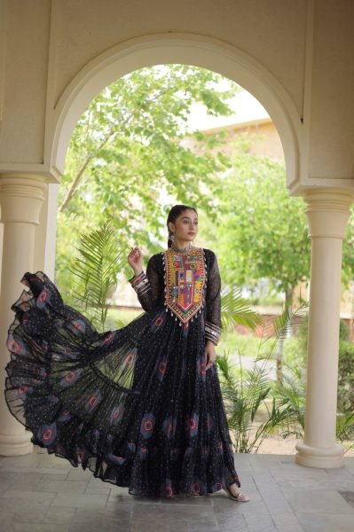 Functional Black Bandhani Print Faux Georgette Gown with Kutchi Patchwork Navratri Collection