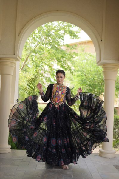 Functional Black Bandhani Print Faux Georgette Gown with Kutchi Patchwork Navratri Collection