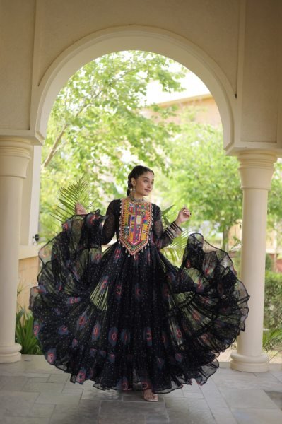 Functional Black Bandhani Print Faux Georgette Gown with Kutchi Patchwork Navratri Collection
