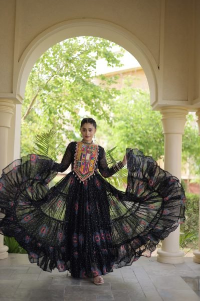 Functional Black Bandhani Print Faux Georgette Gown with Kutchi Patchwork Navratri Collection
