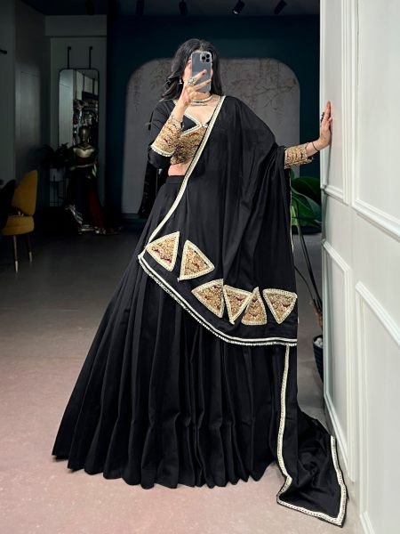 Functional Black Designer Khadi Cotton Lehenga Choli with Gota Patti Lace Work 