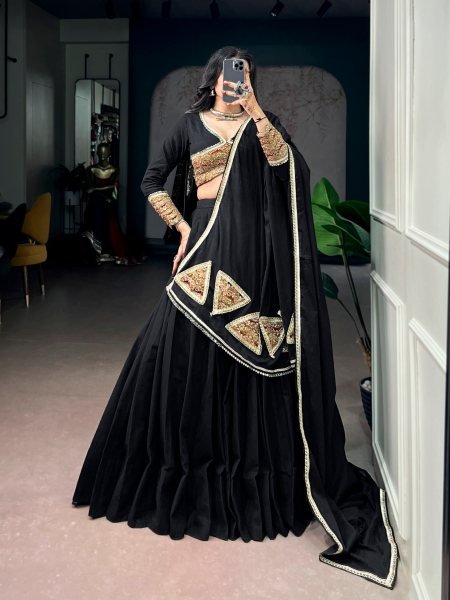 Functional Black Designer Khadi Cotton Lehenga Choli with Gota Patti Lace Work Navratri Lehnega Choli