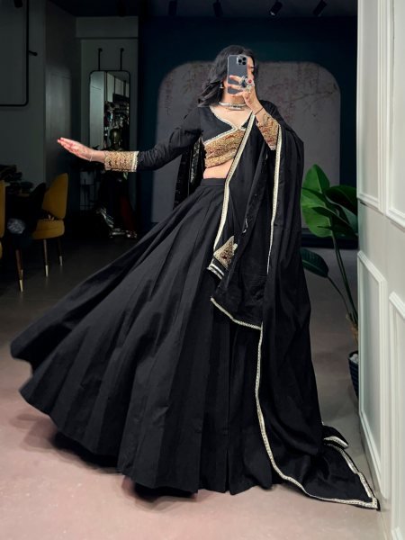 Functional Black Designer Khadi Cotton Lehenga Choli with Gota Patti Lace Work Navratri Lehnega Choli