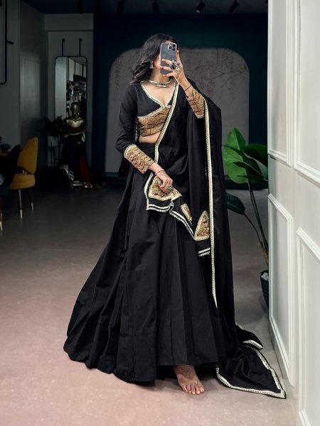 Functional Black Designer Khadi Cotton Lehenga Choli with Gota Patti Lace Work Navratri Lehnega Choli