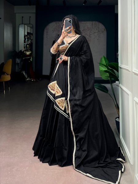 Functional Black Designer Khadi Cotton Lehenga Choli with Gota Patti Lace Work Navratri Lehnega Choli