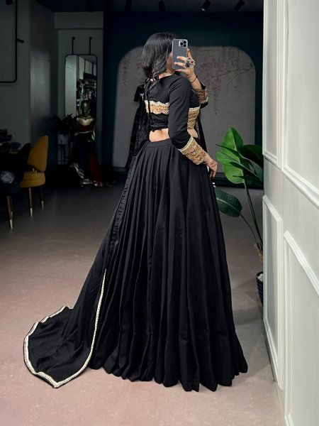 Functional Black Designer Khadi Cotton Lehenga Choli with Gota Patti Lace Work Navratri Lehnega Choli