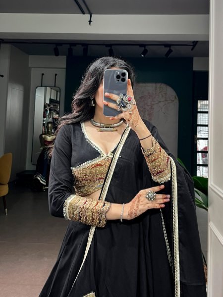 Functional Black Designer Khadi Cotton Lehenga Choli with Gota Patti Lace Work Navratri Lehnega Choli