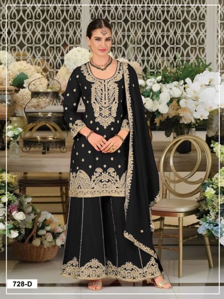 Functional Black Embroidered Chinon Silk Palazzo Suit for Party and Reception Wear 