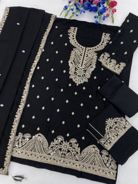 Functional Black Embroidered Chinon Silk Palazzo Suit for Party and Reception Wear Designer Plazzo Salwar Suits Wholesale