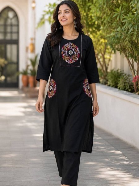 Functional Black Embroidered Slub Cotton Kurti Palazzo Set for Office Wear 