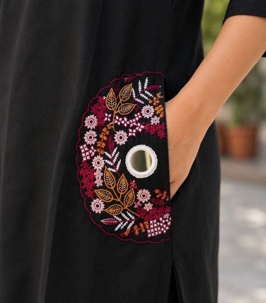 Functional Black Embroidered Slub Cotton Kurti Palazzo Set for Office Wear Cotton Kurtis Wholesale