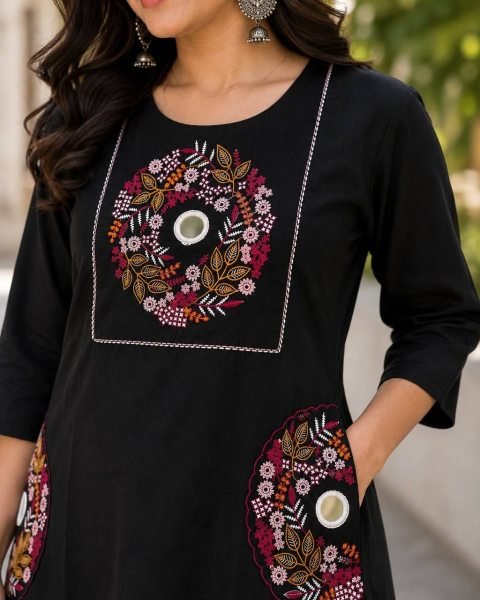 Functional Black Embroidered Slub Cotton Kurti Palazzo Set for Office Wear Cotton Kurtis Wholesale