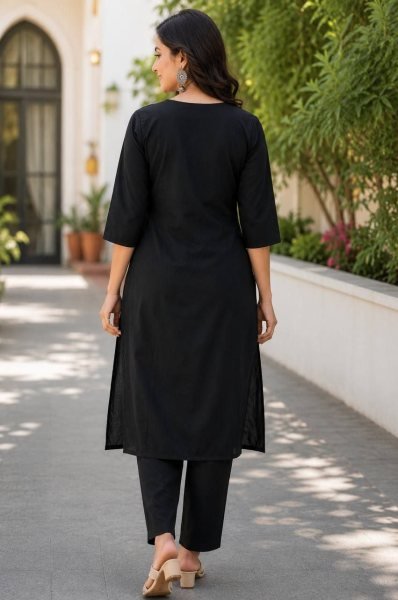 Functional Black Embroidered Slub Cotton Kurti Palazzo Set for Office Wear Cotton Kurtis Wholesale