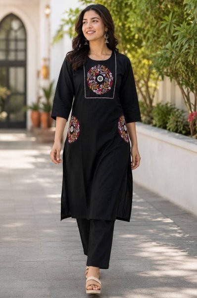 Functional Black Embroidered Slub Cotton Kurti Palazzo Set for Office Wear Cotton Kurtis Wholesale