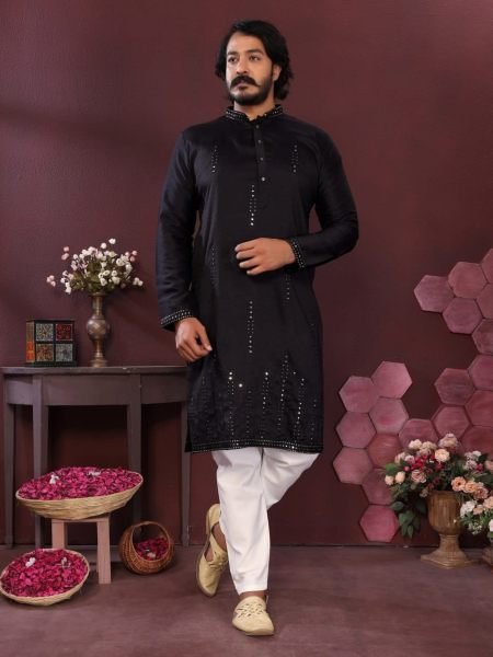 Functional Black Ethnic Smart Silk Kurta with Raymond Cotton Pyjama For Wedding Mens Wear
