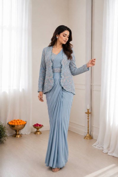 Functional Blue Designer Pre-Stitched Saree with Embroidery Sequence Work Koti Ready To Wear Saree 