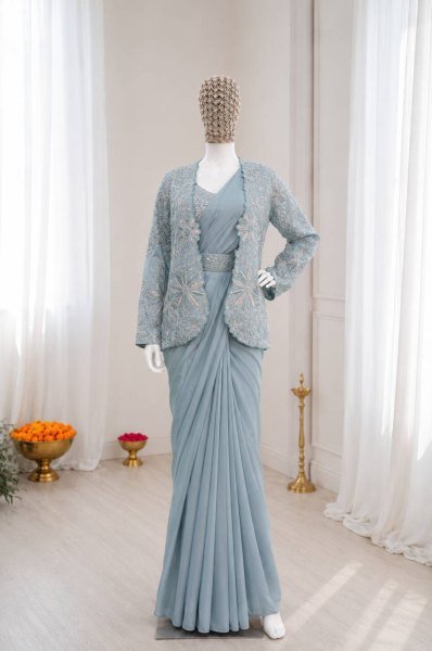 Functional Blue Designer Pre-Stitched Saree with Embroidery Sequence Work Koti Ready To Wear Saree 