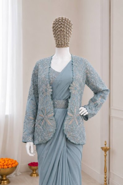 Functional Blue Designer Pre-Stitched Saree with Embroidery Sequence Work Koti Ready To Wear Saree 