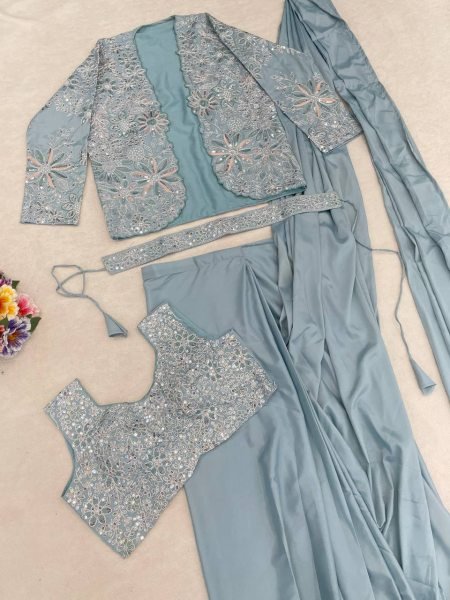 Functional Blue Designer Pre-Stitched Saree with Embroidery Sequence Work Koti Ready To Wear Saree 