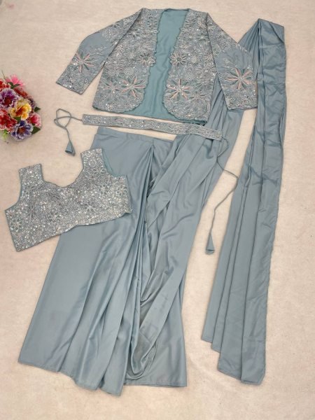 Functional Blue Designer Pre-Stitched Saree with Embroidery Sequence Work Koti Ready To Wear Saree 