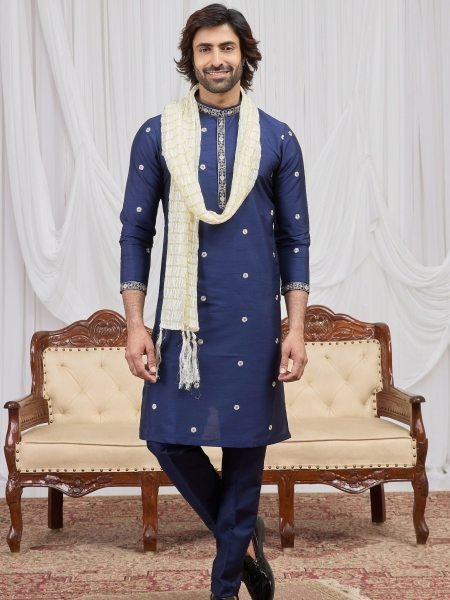 Functional Blue Elegant Straight Kurta with Aligadhi Pant for Women Mens Wear