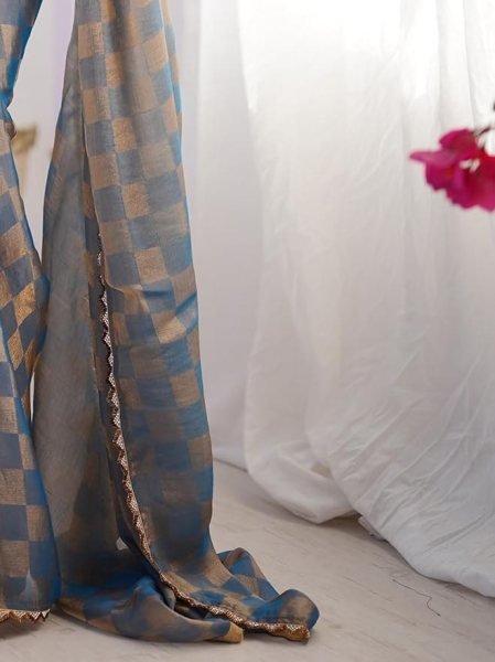Functional Blue Grey Gold Check Chiffon Saree with Zarkha Work for Special Occasions Pure Chiffon Sarees Wholesale