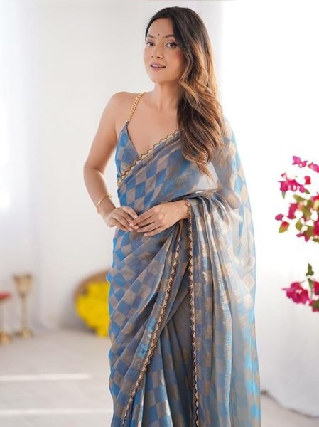 Functional Blue Grey Gold Check Chiffon Saree with Zarkha Work for Special Occasions Pure Chiffon Sarees Wholesale