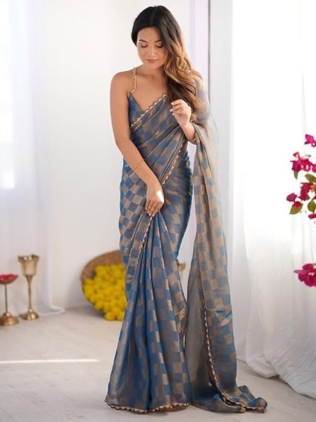 Functional Blue Grey Gold Check Chiffon Saree with Zarkha Work for Special Occasions Pure Chiffon Sarees Wholesale