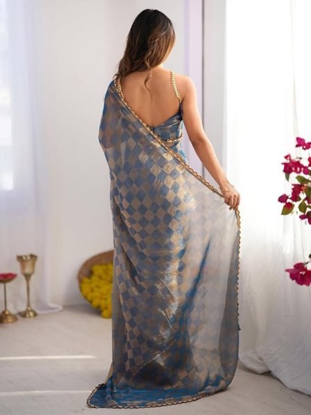 Functional Blue Grey Gold Check Chiffon Saree with Zarkha Work for Special Occasions Pure Chiffon Sarees Wholesale