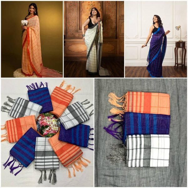 Functional Blue Linen Cotton Checks Saree with Contrast Border and Tussle at Wholesale Rate Printed Cotton Sarees Wholesale