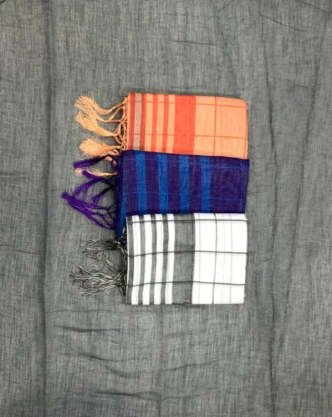 Functional Blue Linen Cotton Checks Saree with Contrast Border and Tussle at Wholesale Rate Printed Cotton Sarees Wholesale