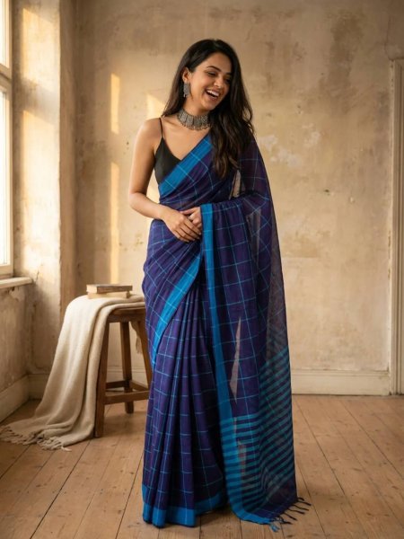Functional Blue Linen Cotton Checks Saree with Contrast Border and Tussle at Wholesale Rate Printed Cotton Sarees Wholesale