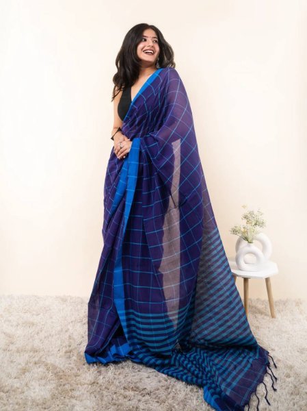Functional Blue Linen Cotton Checks Saree with Contrast Border and Tussle at Wholesale Rate Printed Cotton Sarees Wholesale