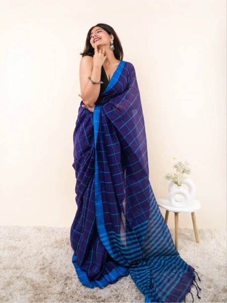 Functional Blue Linen Cotton Checks Saree with Contrast Border and Tussle at Wholesale Rate Printed Cotton Sarees Wholesale