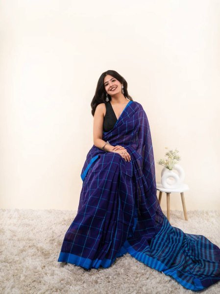 Functional Blue Linen Cotton Checks Saree with Contrast Border and Tussle at Wholesale Rate Printed Cotton Sarees Wholesale