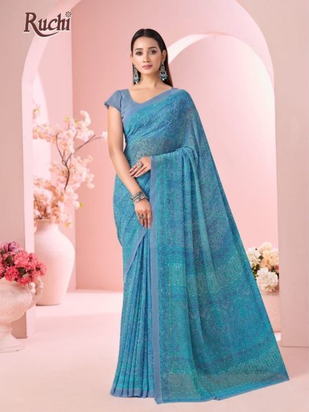 Functional Blue Ruchi Designer Printed Georgette Saree For Daily  Wear