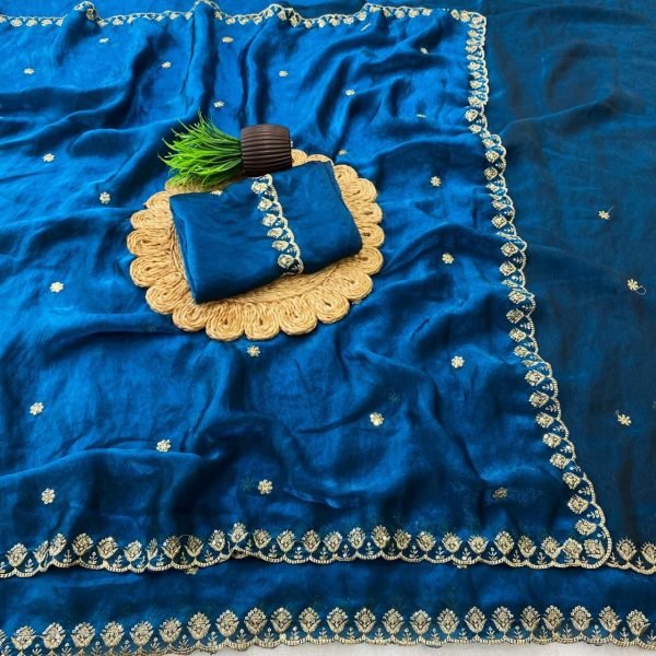 Functional Blue Soft Space Silk Embroidered Saree with Matching Designer Blouse Silk Sarees Wholesale