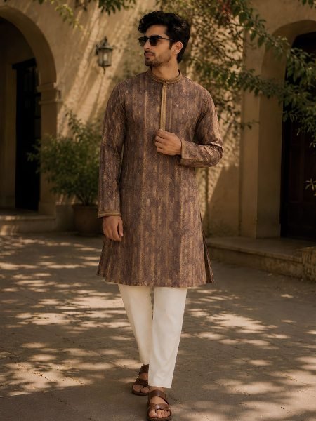 Functional Brown Men's Heavy Jacquard Kurta Pyjama with Embroidery Patti 
