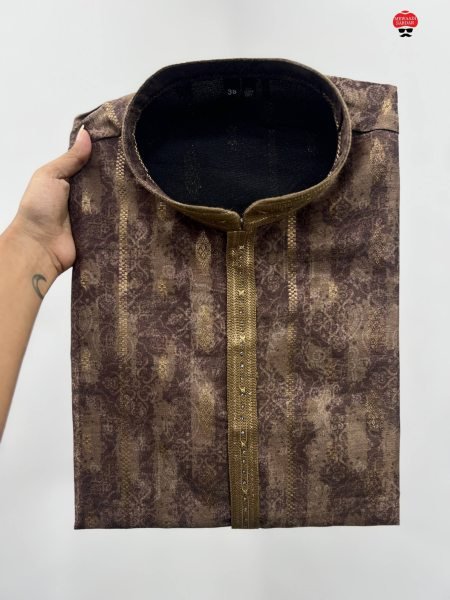 Functional Brown Men's Heavy Jacquard Kurta Pyjama with Embroidery Patti Kurta Pajama Wholesale