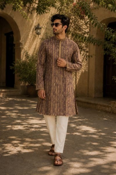 Functional Brown Men's Heavy Jacquard Kurta Pyjama with Embroidery Patti Kurta Pajama Wholesale