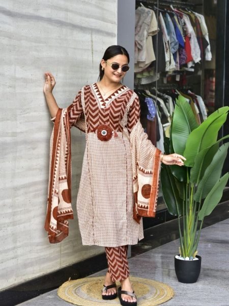 Functional Coffe Brown Jaipur Cotton Kurta Pant Dupatta Set for Women 