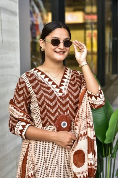 Functional Coffe Brown Jaipur Cotton Kurta Pant Dupatta Set for Women Printed Kurtis