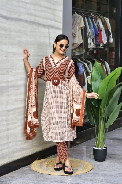 Functional Coffe Brown Jaipur Cotton Kurta Pant Dupatta Set for Women Printed Kurtis