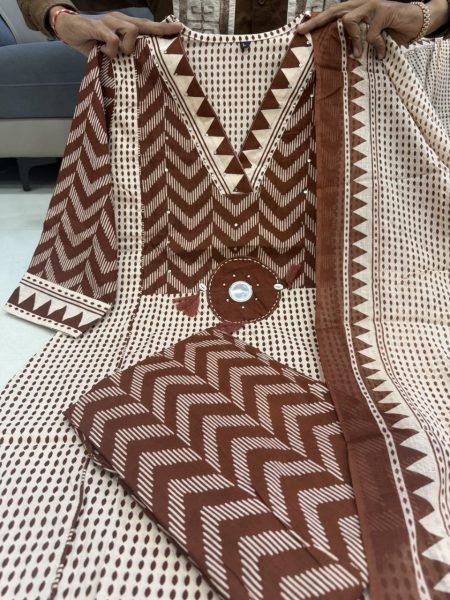 Functional Coffe Brown Jaipur Cotton Kurta Pant Dupatta Set for Women Printed Kurtis